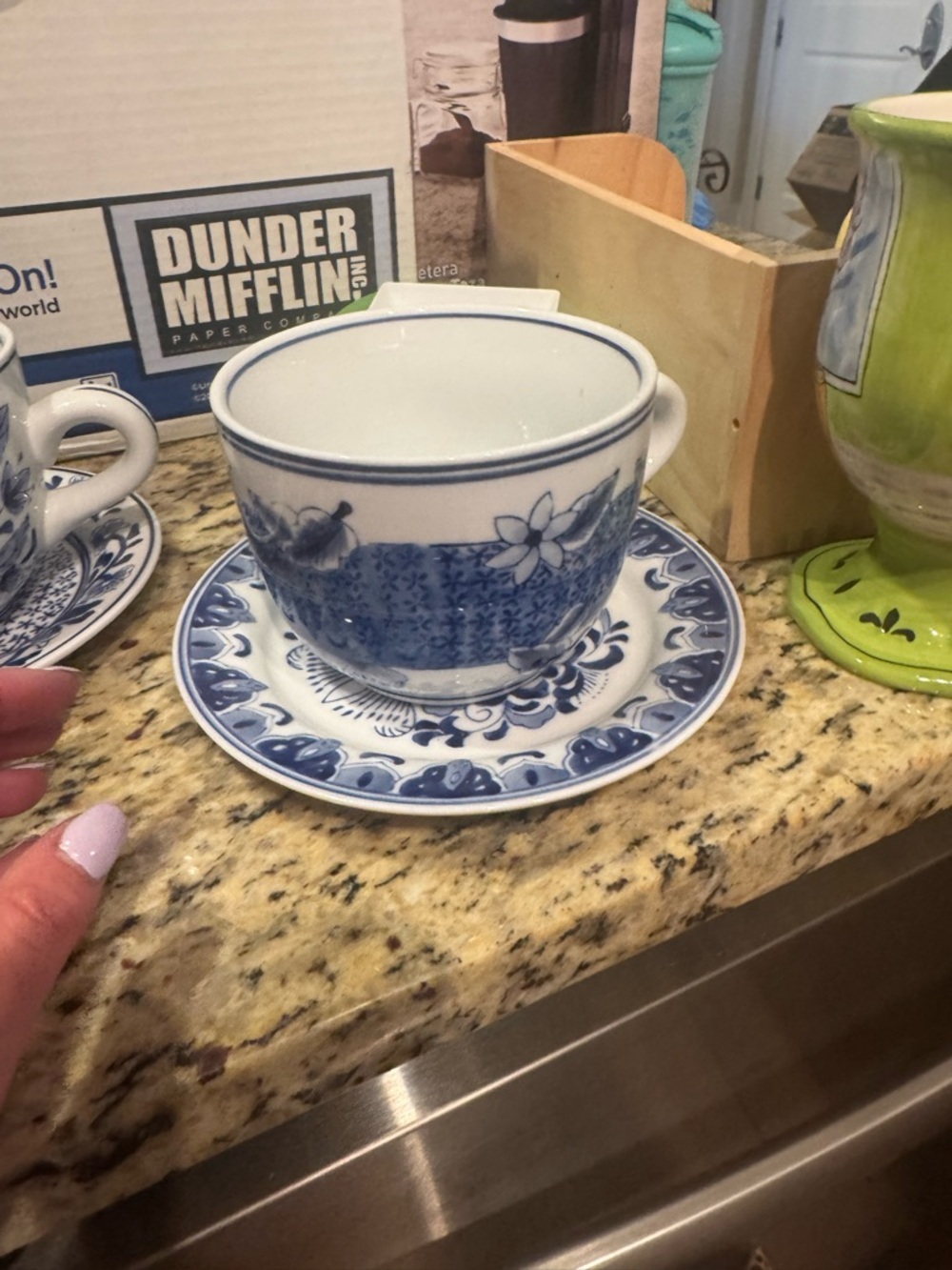 Source Unknown White and Blue Floral Porcelain Teacup with Saucer
